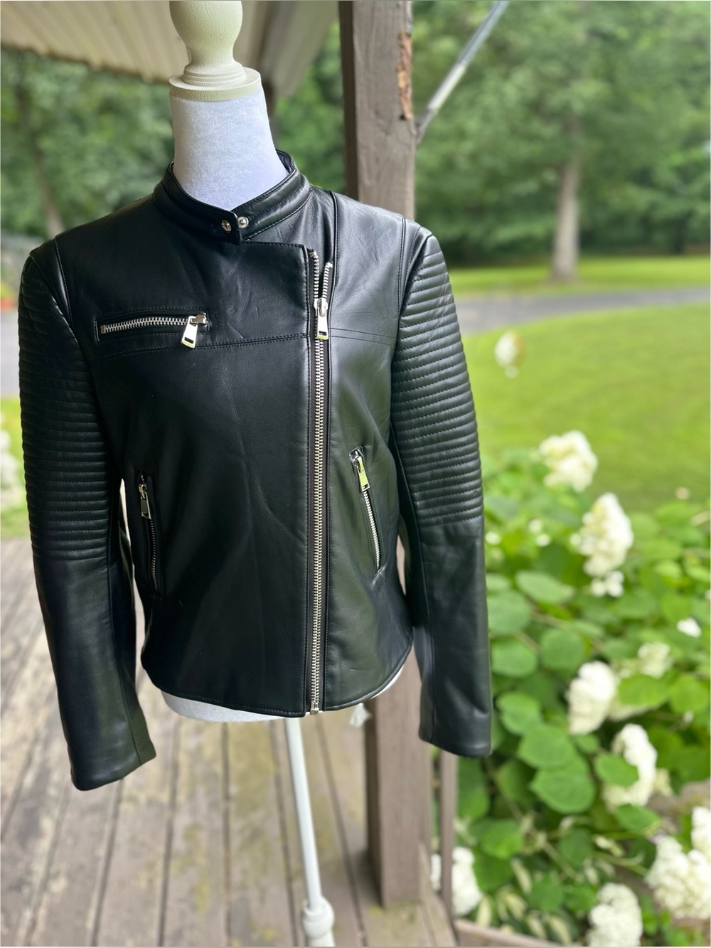 Zara Basic Black Faux Leather Moto Jacket with Quilted Sleeves